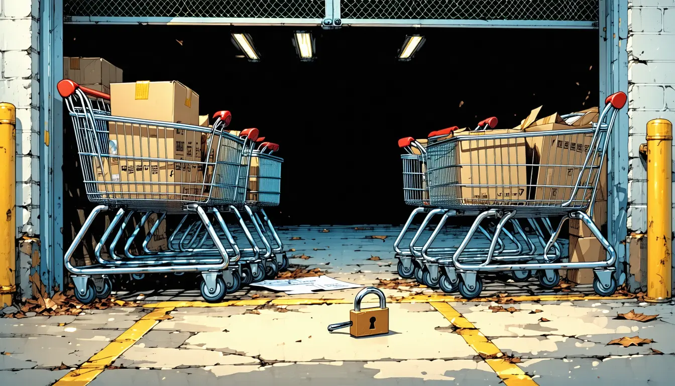 Illustration: A warehouse aisle's wire security gate across a packing-station entrance. The heavy steel hasp and padlock have been unbolted and lie on the concrete in a scatter of shed screws. In their place, a single sheet of blank paper is taped across the gate's mesh, curling at one corner. A nested row of empty steel shopping carts waits nose-to-tail at the threshold, ready to roll through.