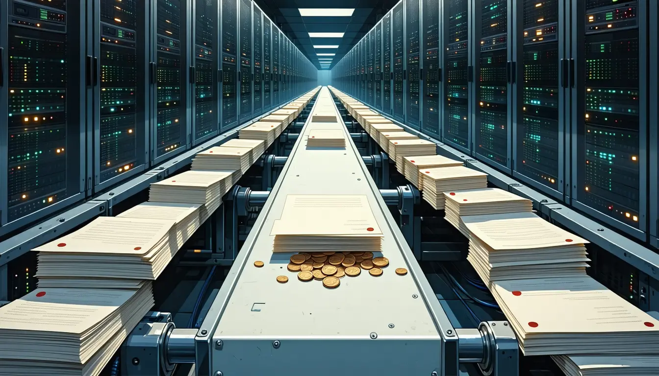 Illustration: In a data-centre aisle, a long conveyor belt carries a dense, unbroken stream of stacked paper index cards into the intake of a racked server with blinking indicator lights and cable bundles. A few small copper coins rest on the belt's metal rail. On the far side, the output tray holds only one narrow blank paper slip. Cool aisle lighting, perforated floor tiles.