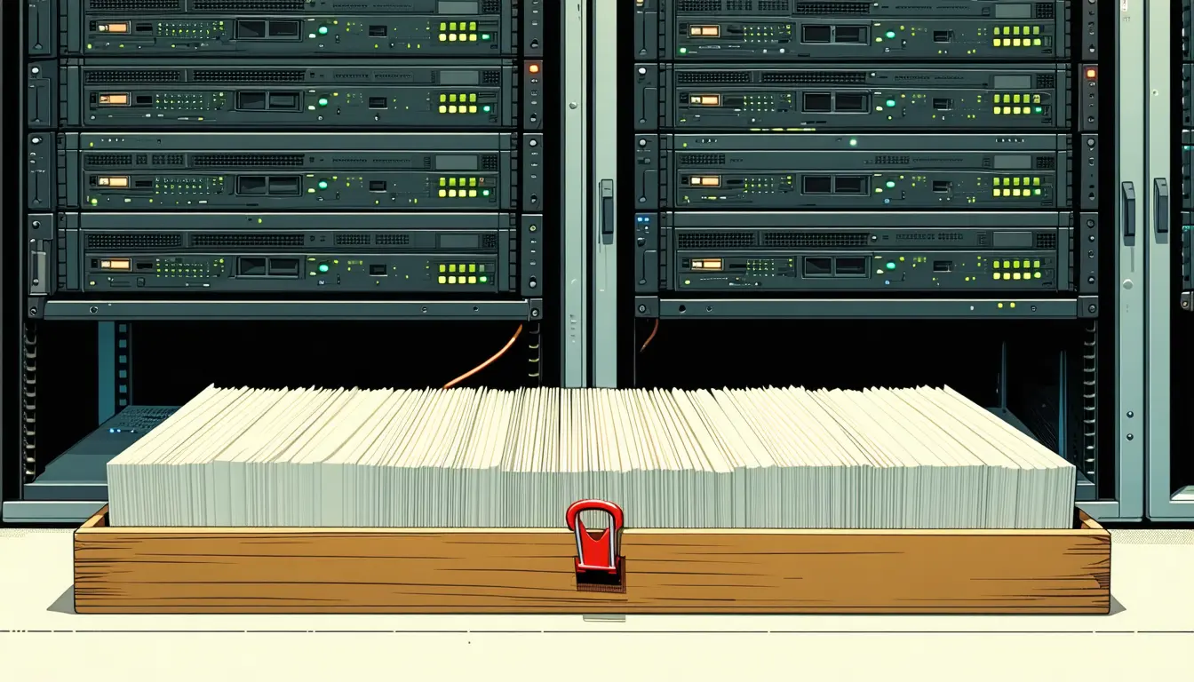 Illustration: A long wooden index-card drawer pulled out on a workbench in a server room, packed with thick runs of blank cards split by raised divider cards. A red clip sits on each divider only; the tight blocks of cards between them are untouched and dusty. Blinking rack lights blur in the background.