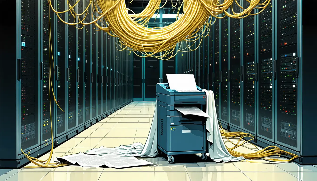 Illustration: In a server aisle, an old tractor-feed printer sits on a cart beside a rack, half covered by a dust sheet, with its blank perforated paper spooling onto the floor. Overhead, bright fibre patch cords run from rack to rack, tracing clear connected paths between the machines, each cord held in place at its port by a small steel clip.