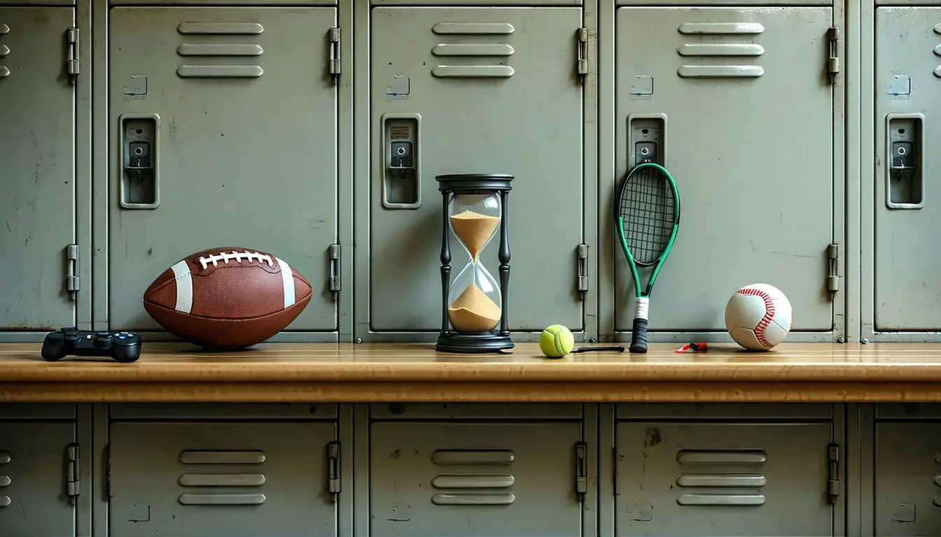 Illustration: A locker-room wooden bench holds three sand hourglasses, each beside its sport: a football with a tiny hourglass whose sand has fully run out; a game controller with a mid-height hourglass; a tennis racket and ball with a towering hourglass barely begun. The frames are identical and only the sizes differ. Plain unmarked gear, lockers behind.