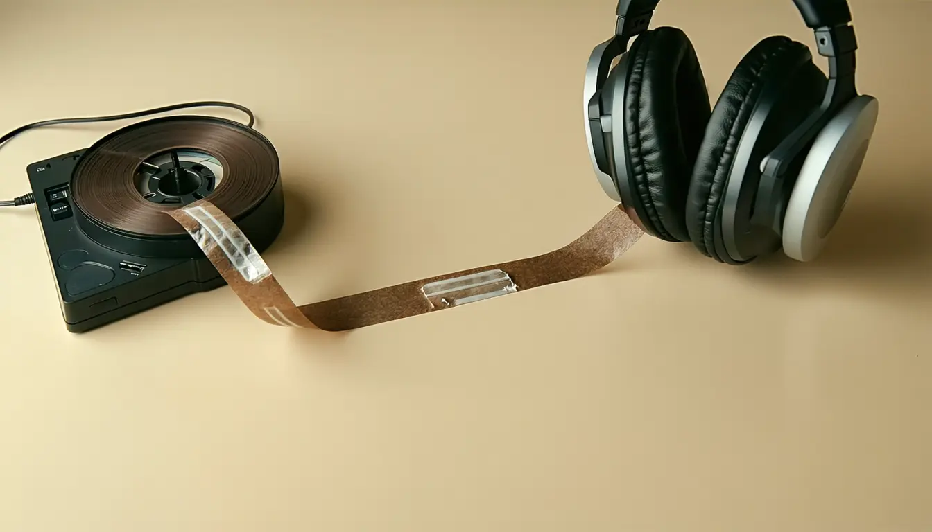 Illustration: On a developer's desk beside a keyboard, one strip of brown audio tape runs from a single open reel into the ear cup of over-ear headphones. Partway along, a short, ragged, torn-off length of tape is crudely spliced onto a fresh length with a strip of clear adhesive. Both lengths run on without a gap into the same headphones. A second empty reel sits unused nearby.