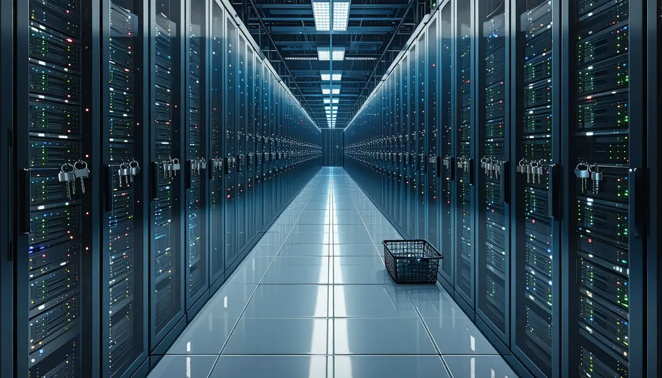 Illustration: A long row of identical server racks in a dim data-centre aisle. One continuous steel rail runs along the whole row at waist height, with plain silver door keys hung evenly spaced along it, the same spacing at every rack, and no control box anywhere on the rail. At the far end the rail tips slightly down, and extra keys have slid off into a wire bin on the raised floor.