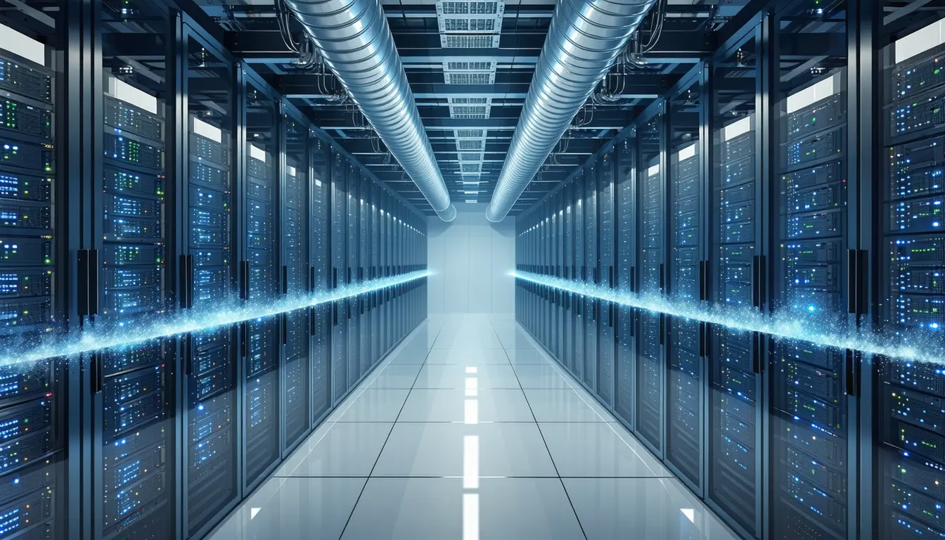 Illustration: A cold aisle between two tall server racks. Overhead on a cable tray, two chilled-water supply pipes run the length of the aisle; each passes through swaged reducers — one narrows by a modest step, the other pinches down to a thin capillary line. Downstream they merge at a Y-blender into a single wide outlet pipe that drops through a floor cutout into the rack row. Every pressure gauge port on