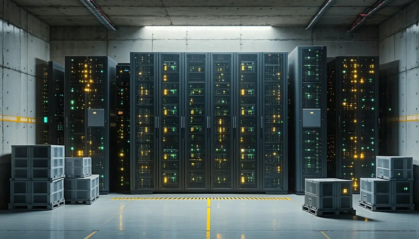 Illustration: In an unfinished data hall with bare concrete and loose cable trays overhead, a tall, fully loaded GPU server rack glows with status lights. Instead of standing on the raised floor, it is propped up on a narrow, uneven stack of identical sealed accelerator shipping crates. Beside it, raised-floor tiles lie lifted and empty, leaving open bays for racks that aren't there yet.