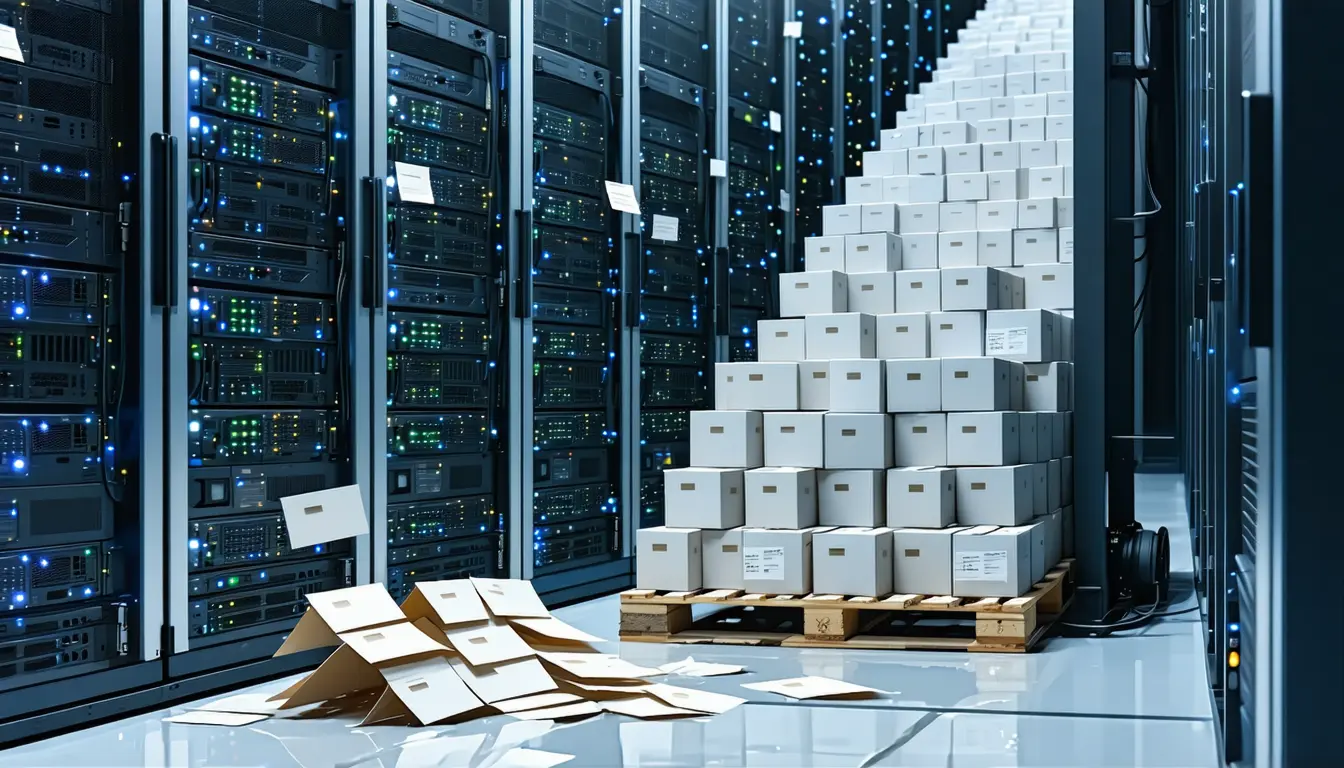 Illustration: A cold-aisle floor in a data hall. An open rack of GPU trays has small blank cardboard swing tags wired to each tray handle, hanging in a descending stair-step; the lowest tag has slipped past the rack plinth into the open cable trench and floats in shallow coolant water at the bottom. A few steps behind, a shrink-wrapped pallet of plain unmarked cartons sits on a pallet jack, its own tags sealed