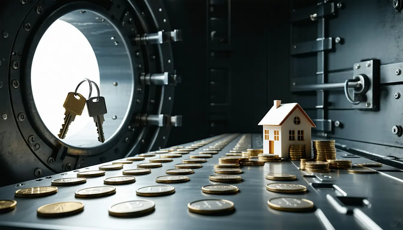 Illustration: Inside a bank vault, the round steel door stands open behind a long stainless cash-counting tray with rows of empty coin slots. Only three slots hold anything, near one end: two ordinary house keys on plain rings, and a small flat-pack cardboard model house. Above them, blank round metal tokens sit stacked beside a matching stack of plain coins. The rest of the tray is bare.
