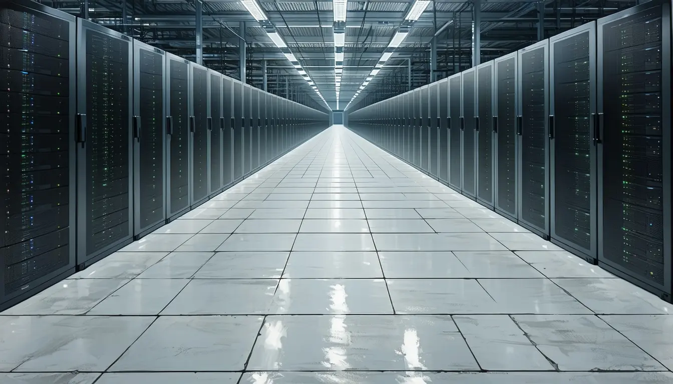 Illustration: A data-centre aisle with raised-floor tiles lifted and stacked aside, exposing a long empty cable trench — no conduit, no fibre, no power whips, just bare concrete and dust. A brand-new compute cabinet stands bolted upright at the near end, doors open, its cooling fans and rail-mounted trays pristine and unwired. Further down the aisle three more cabinets sit shrink-wrapped on pallets, never