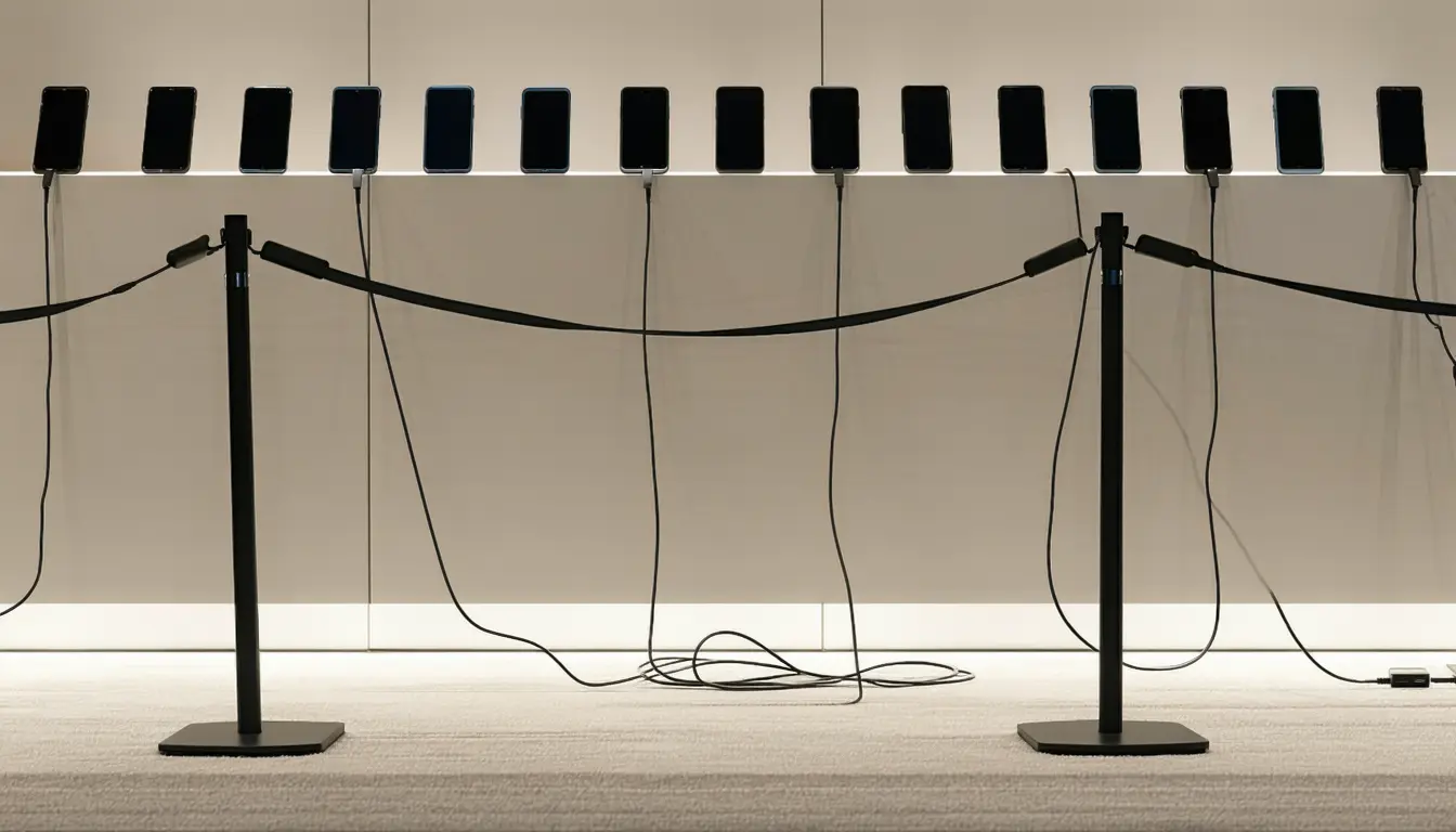 Illustration: A phone-store activation bench: a low run of identical dark, unbranded handsets resting on angled demo stands, cables tethered underneath. Behind the bench, a retractable queue rail of stanchions — the belt drawn taut across only the first pair of posts, then unhooked, its slack belts hanging limp from every remaining post down an empty carpeted lane.
