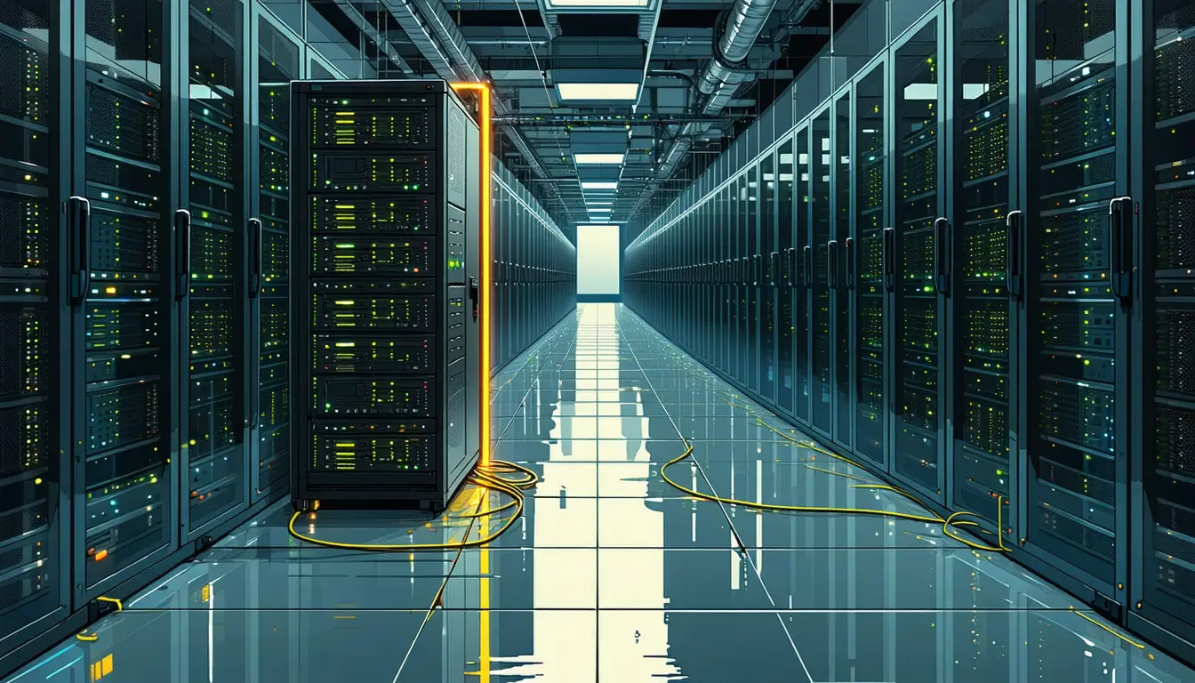 Illustration: In a data-centre aisle, a chain-link server cage stands fully intact, its gate shut with a heavy padlock. Inside sits a small test rack with blinking status lights. A single bright yellow patch cable runs from the rack through a neat cable pass-through grommet in the cage wall, then snakes across the floor tiles and off into the dark, unguarded aisle.