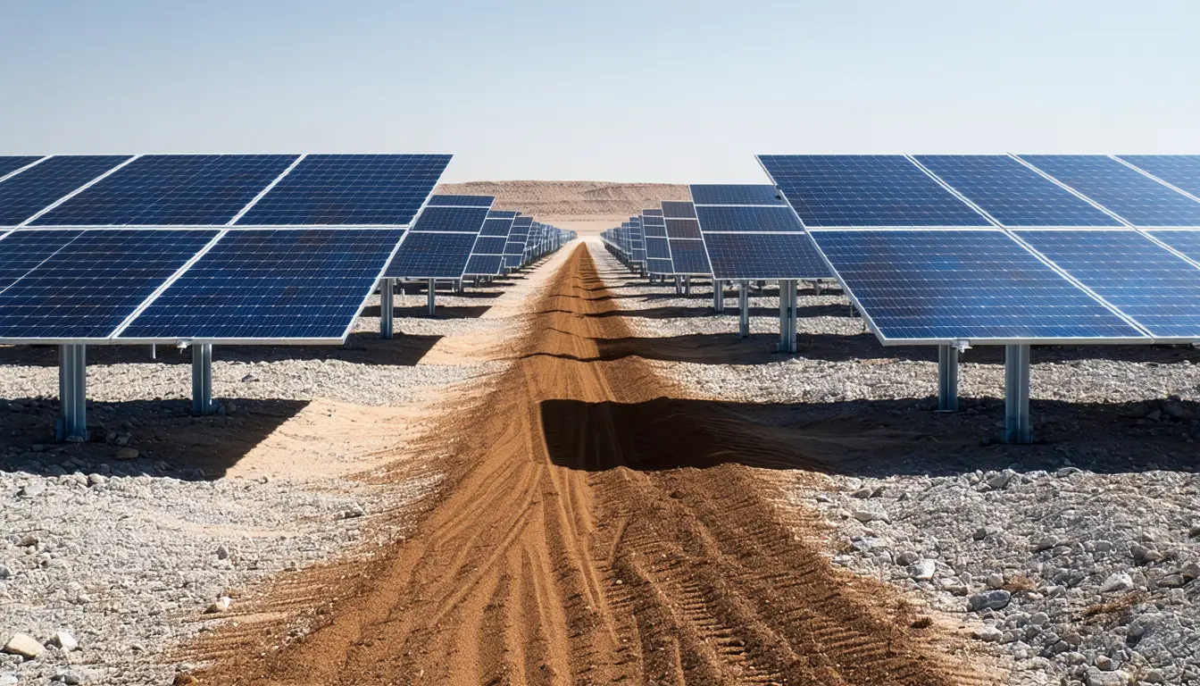 Illustration: A stony desert plain: dense rows of tilted photovoltaic panels on steel torque-tube trackers cover the near ground, the gravel between them swept clean and sharp-edged. At the array's last row the panels stop and a vast field of bare foundation piles and unmounted tracker beams marches to the horizon, where an ochre dust sheet still boils low over the open gravel, thinning as it reaches the built