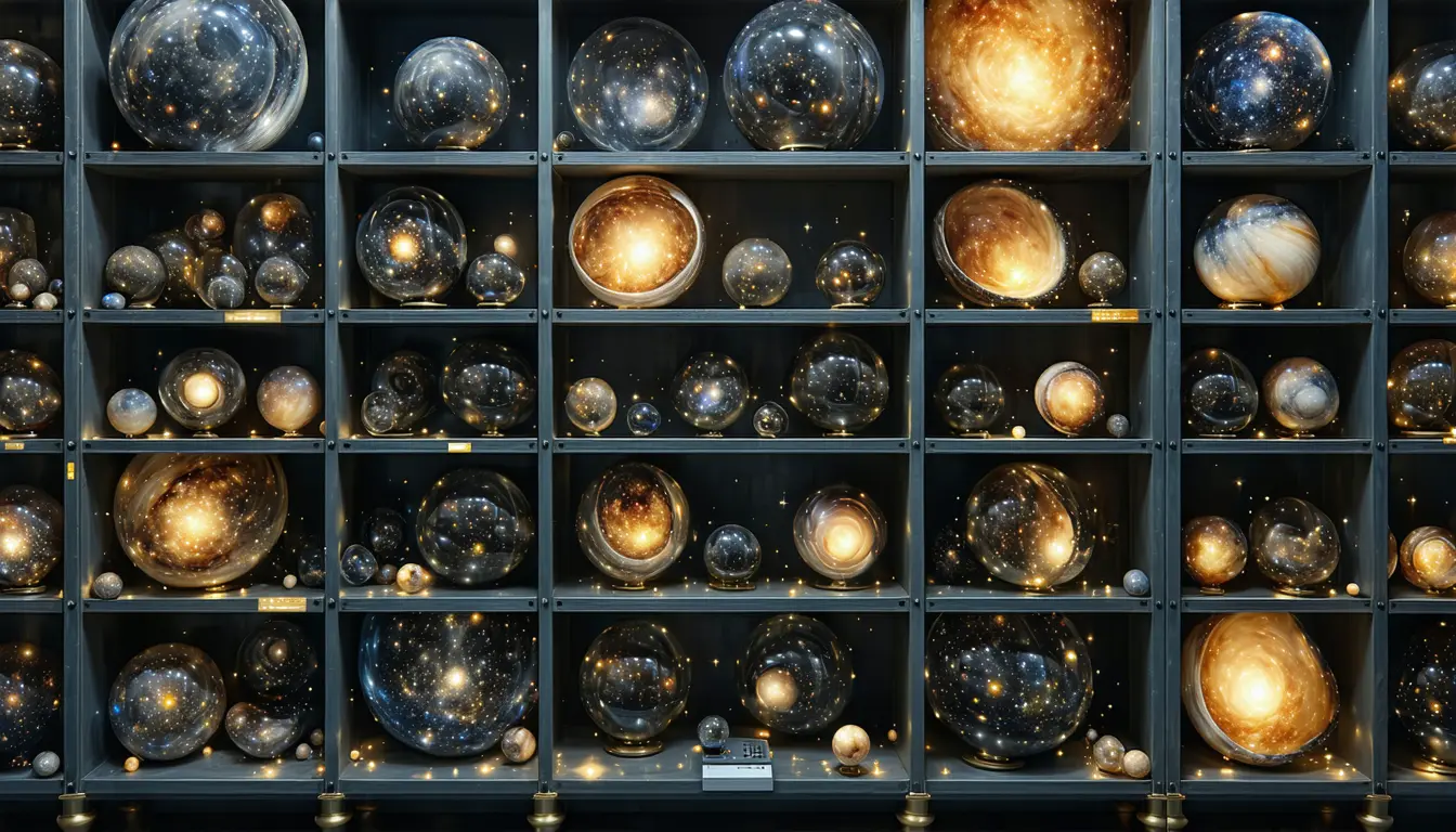 Illustration: In a cluttered astrophysics lab, a steel shelving rack holds dozens of fist-sized cutaway model stars — onion-layered spheres of machined shells. Most sit with their outer layers flung outward, frozen mid-burst on their little stands; a cluster of others have caved in, shells folded inward around a dark empty hollow. At the rack's base, bolted to the frame, a bare unmarked rotary knob with its