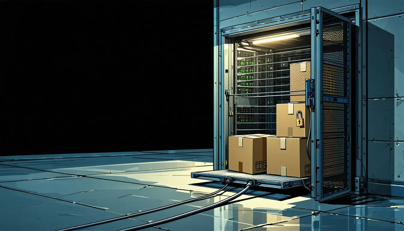 Illustration: In a dim data-center aisle stands a locked wire-mesh server cage with its padlock intact. A small delivery hatch is cut into its side wall, and plain unmarked cardboard parcels sit on the hatch tray. One patch cable runs from a rack inside the cage, through the hatch between the parcels, and on across the aisle floor into the dark.