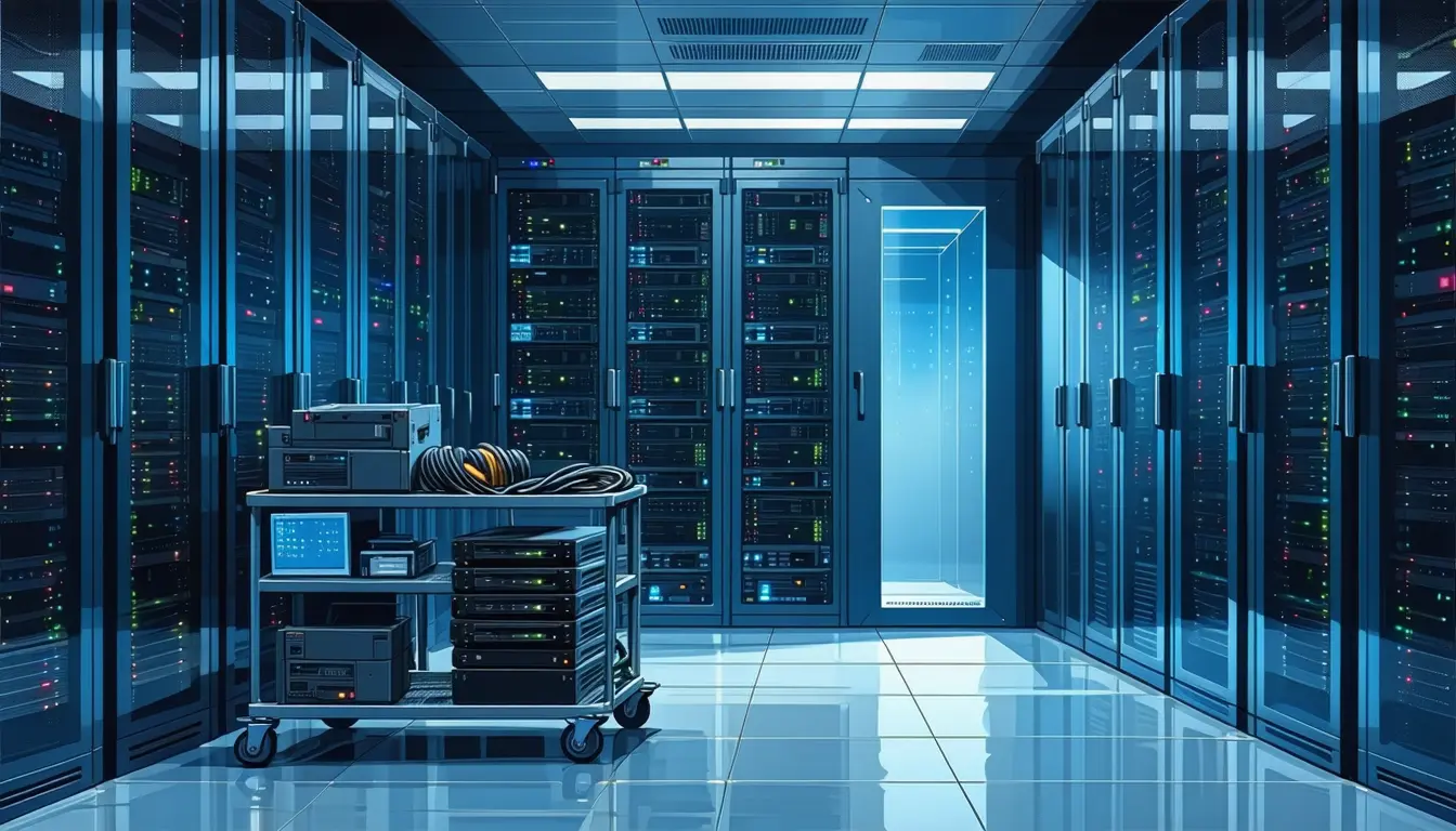 Illustration: A data-centre cold aisle. One rack cabinet's perforated service door has been plated over with stacked blank filler panels until only a single narrow horizontal slot remains at mid-height, cool light leaking out of it. Parked hard against the cabinet, a technician's service cart holds a spare drive sled, a coiled fibre jumper and a torque driver — every item plainly too large to pass through the