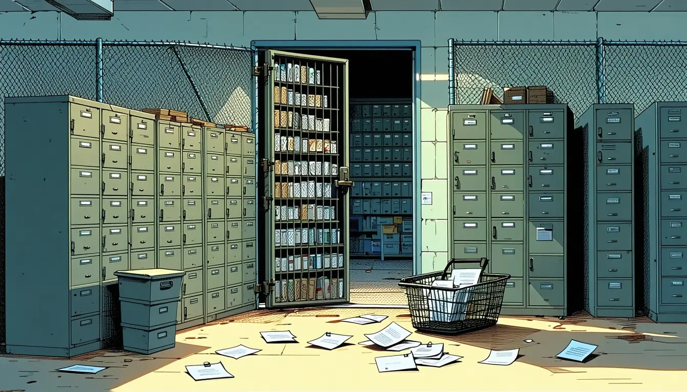 Illustration: A corporate records room: floor-to-ceiling steel card-index drawers, one bank pulled wide open. Fronting them, a chain-link security fence with a heavy padlocked gate — and set into the mesh beside it, a flimsy plywood hatch with a bent hasp, propped open. Customer index cards slip out through the hatch, tucked inside a blank glossy photo sleeve, into a wire courier basket on the concrete. A