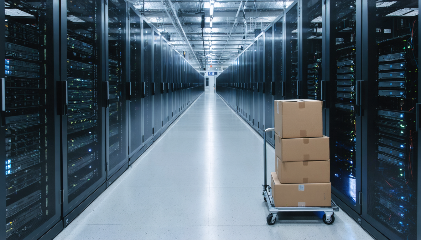 Illustration: Inside a half-emptied data hall after a wind-down: a long aisle of server racks with most rack bays bare, rails exposed, a few dark servers left in the last cabinet. On the raised floor sit one stack of flat-packed empty cardboard boxes and a single wheeled equipment cart carrying one lone server chassis, unbranded, blank metal.