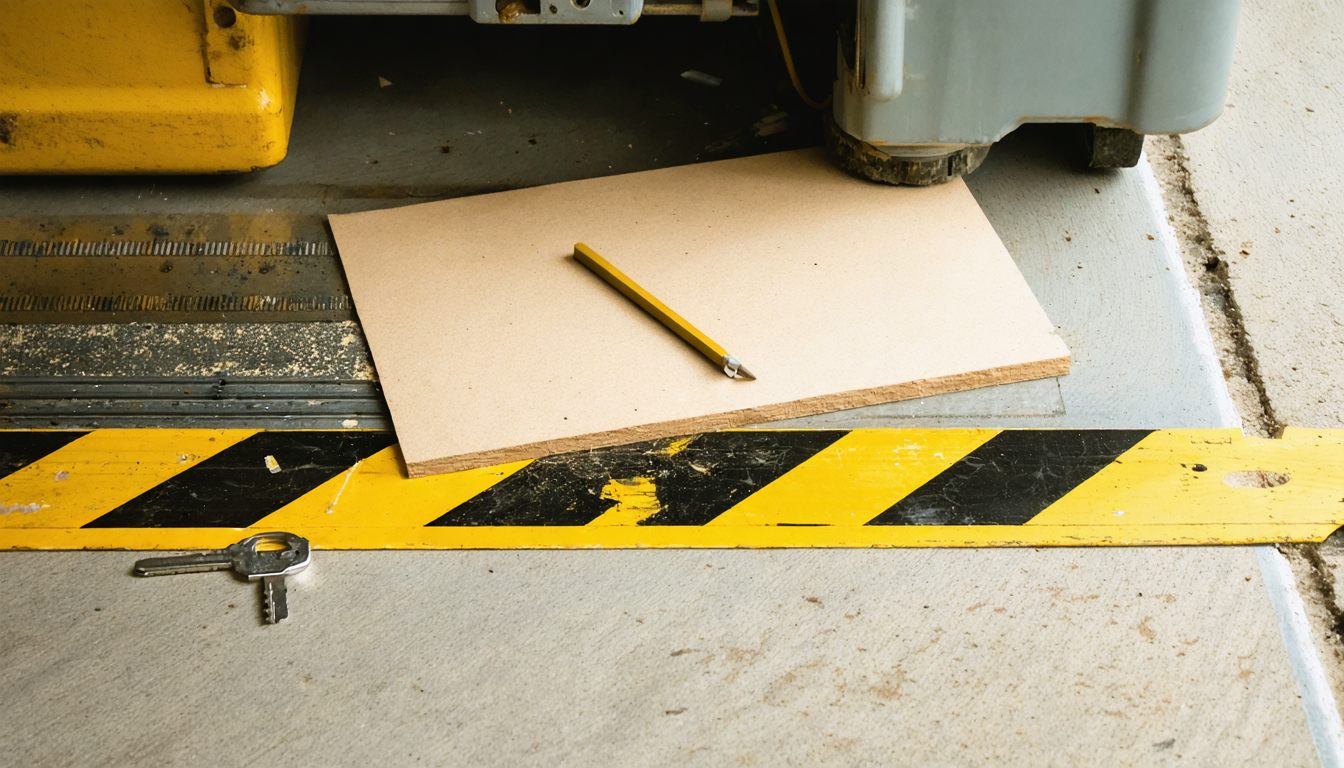 Illustration: A workshop floor with a yellow-and-black hazard tape line marking off a bench saw. The saw's blade guard is lifted and propped open, and a plain unmarked key sits in the lock of a hinged safety cage-less interlock box beside it. A paper cut-list and pencil lie on the bench next to uncut lumber, showing a plan on the bench while the blade is exposed.