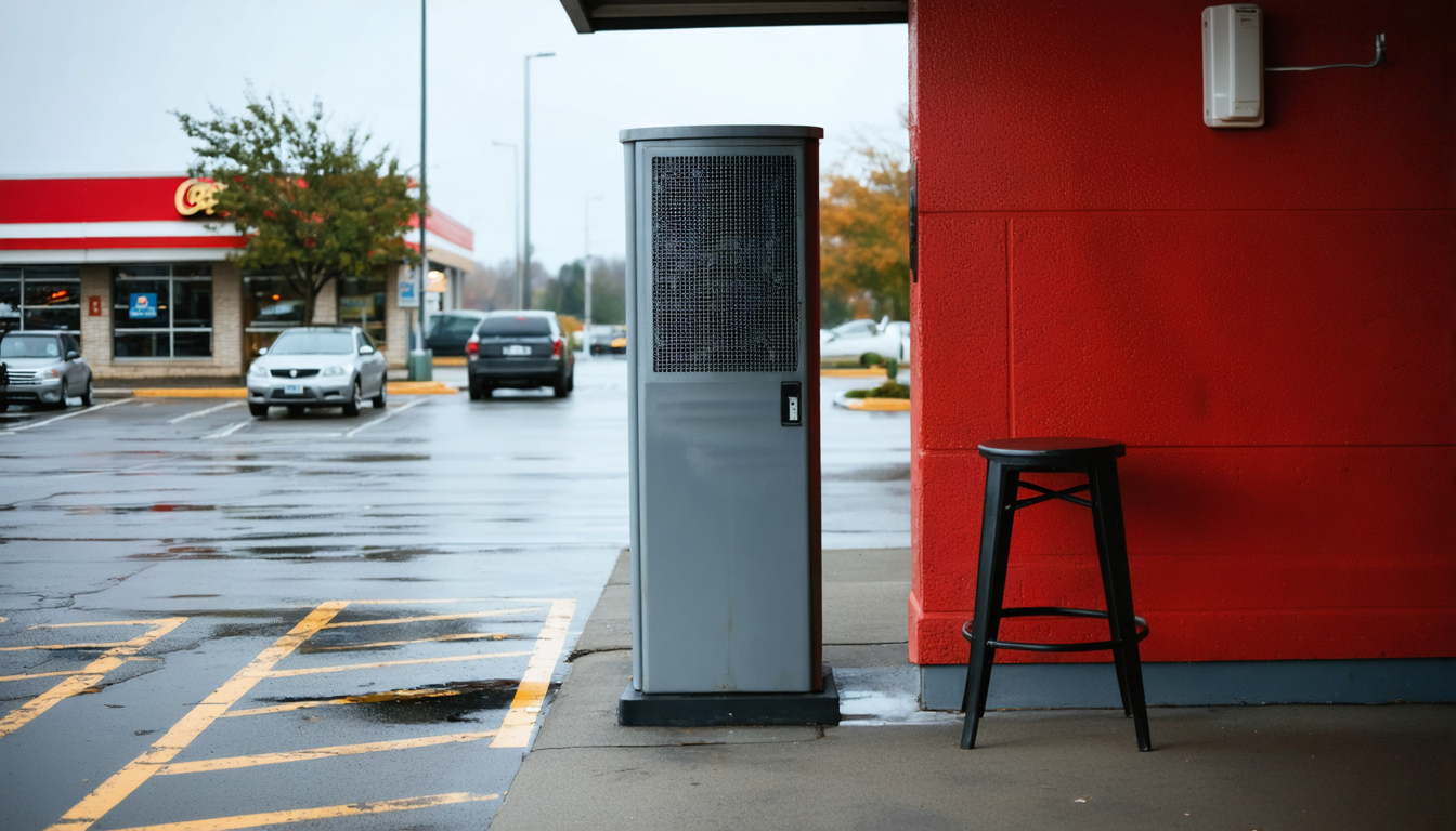 Illustration: A fast-food drive-thru lane seen at the order point: a plain unmarked steel speaker post with a small mesh grille and a bare mounting bracket stands beside an empty car lane. On the pavement next to it, an unoccupied stool and a row of plain hooks on a nearby wall hold only empty headset cradles, suggesting absent crew. Overcast daylight, wet asphalt, worn paint.