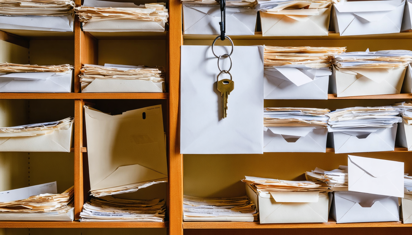 Illustration: A wooden mailroom sorting cabinet of empty cubbies, each holding a few plain blank envelopes in tidy order. The one low corner cubby is overstuffed with envelopes spilling onto the shelf below. A single large master key sits in the cabinet's side door lock, and a ring of smaller keys hangs from a hook beside it.