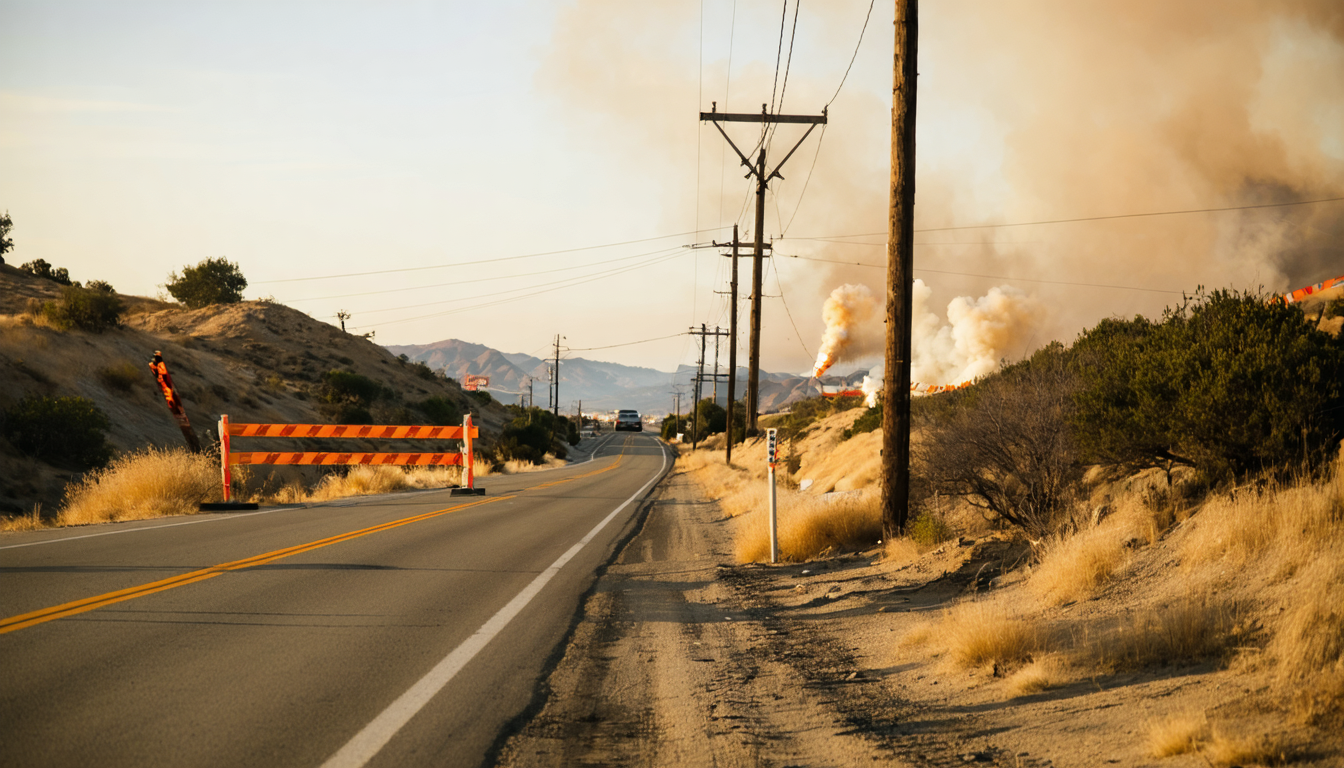 Illustration: A two-lane Southern California highway shoulder at dusk with dry golden grass and chaparral on both sides. A wooden utility pole carries sagging power lines, its crossarm and insulators visible. Orange traffic cones and a collapsible road-closure barricade stand across the empty lane. In the background hills carry a low band of brown smoke bending sideways, and a roadside windsock hangs fully