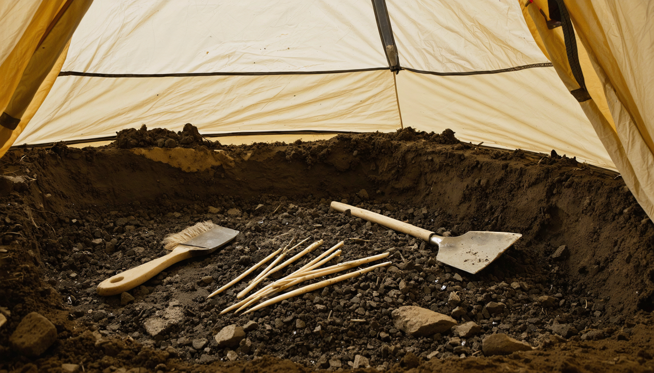 Illustration: Inside a canvas field tent at an excavation, a trowel-scraped pit of dark silty permafrost soil with a few small bone needles, slender and pointed, lying in the soil beside a scatter of chipped stone flakes and a small stone microblade core. A soft brush and a plain paper-free wooden screening frame rest at the pit edge.