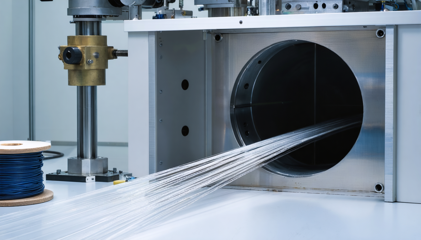 Illustration: A long strand of bare optical fiber runs from a spool on an optics-lab bench into the open port of a small cryostat, a stainless vacuum chamber with a frosted cold-head flange and its lid unbolted. A coil of the same fiber lies loosely beside it. No resonator, mirrors or cavity, just the fiber passing through the cold.