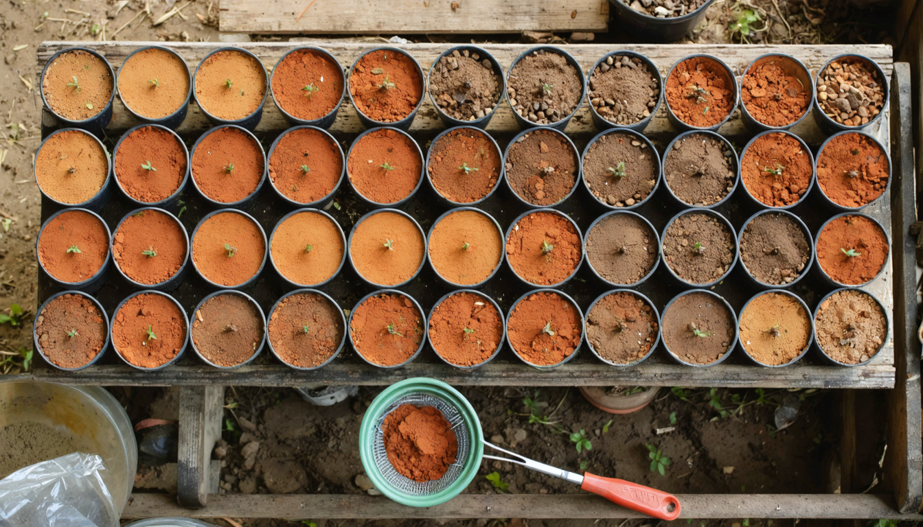 Illustration: A long laboratory bench with dozens of small shallow plastic seedling pots filled with rust-red soil in graded shades from pale ochre to deep brown, a few pots holding tiny green seedlings and most bare. Beside them, a trowel, a sieve of red grit and a plain tray of unplanted pots, under window light.