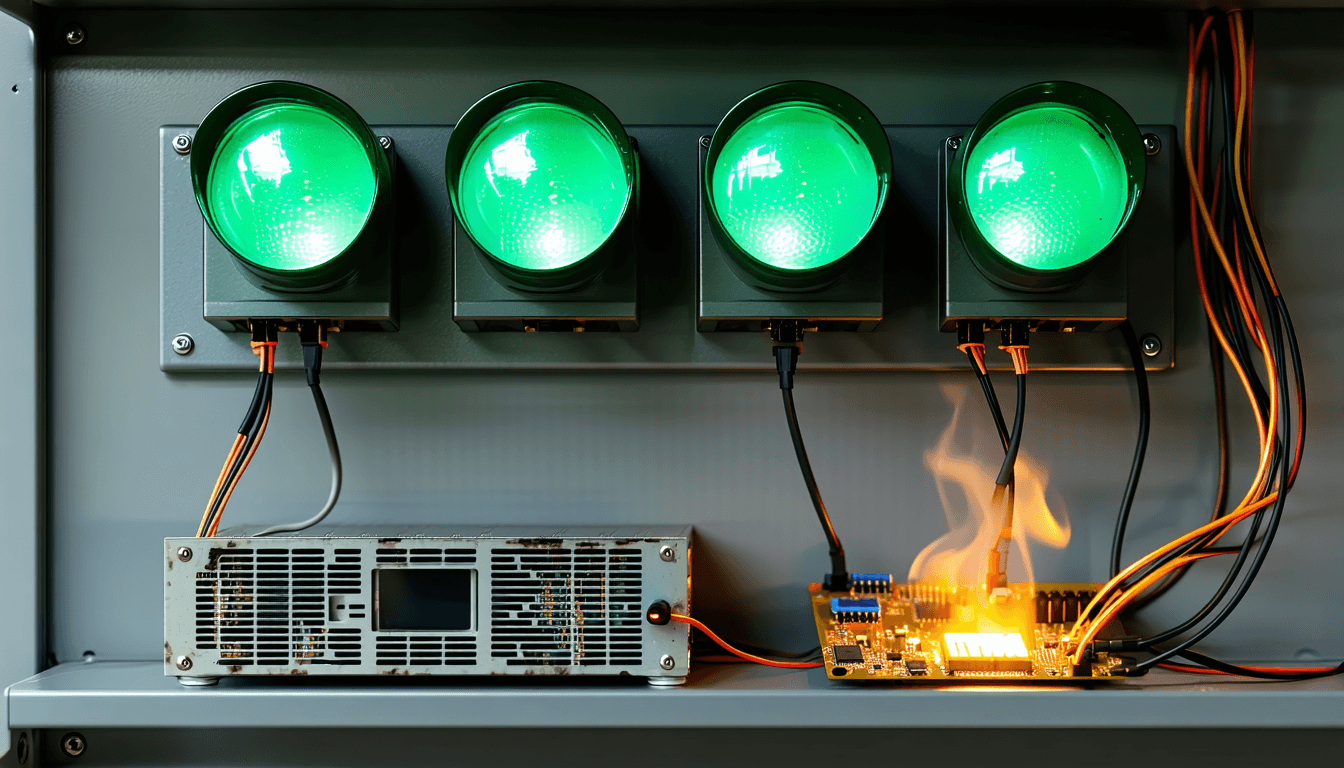 Illustration accompanying One alert, two causes, four green dashboards: the day the stack agreed and was wrong