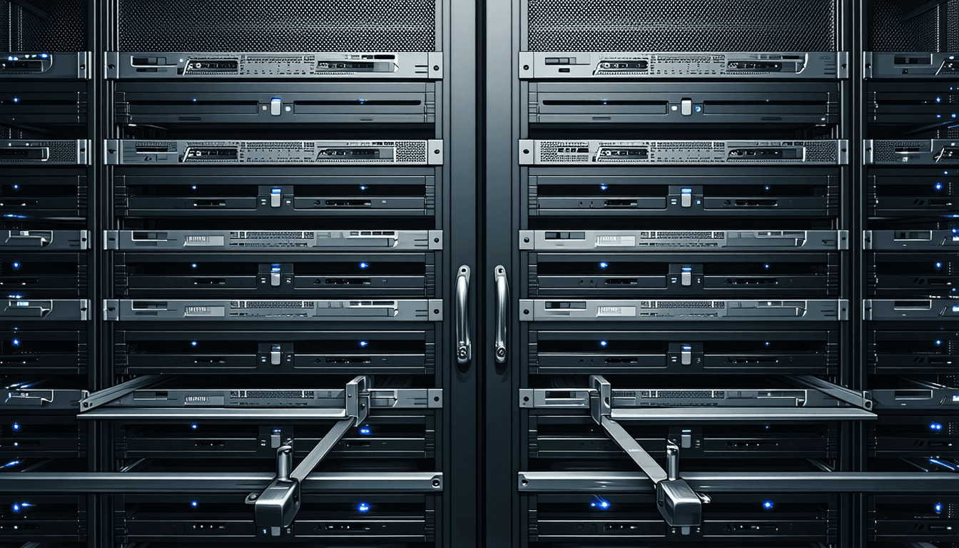 Illustration: The front elevation of a storage array: a dense bank of hard-drive caddies. Along the lower portion the caddies sit pulled forward, catching light, their handles open; the remainder above stay flush and dark behind a hinged steel mesh cage door, shut. A retractable steel measuring tape is stretched taut across the open lower band, and its housing is bolted into the cage door's hasp, where a heavy