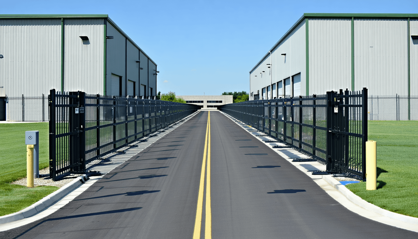 Illustration: A fenced data-center campus: one service road runs past four hinged barrier arms set in sequence. Three arms are lowered across the road; the fourth is absent — only its bare hinge post and empty counterweight cradle stand. Beyond the gates, identical windowless halls with transformer yards; the nearest hall's fans and feeder cables are connected, the halls behind sit with coiled cable ends lying