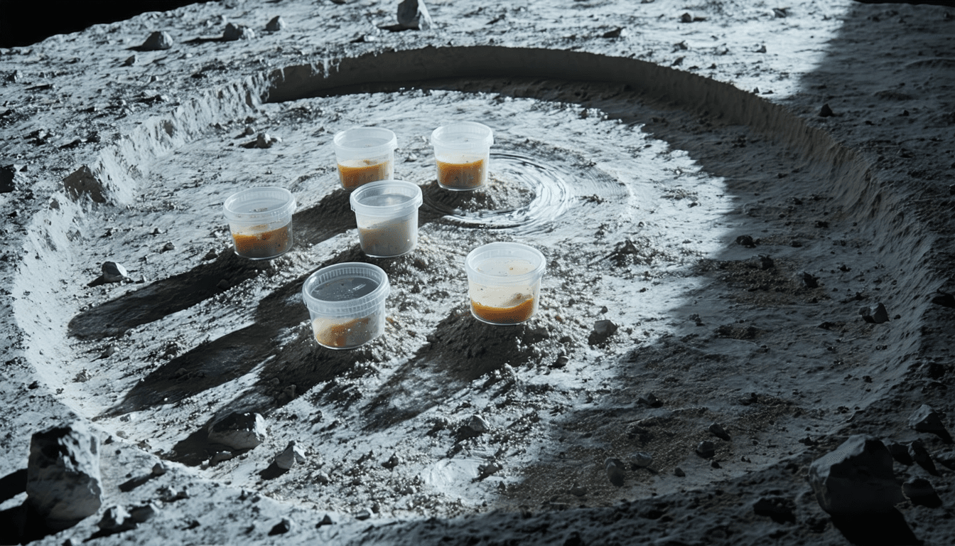 Illustration accompanying NASA finds hitchhiking microbes could persist at the lunar south pole, on a one-day clock