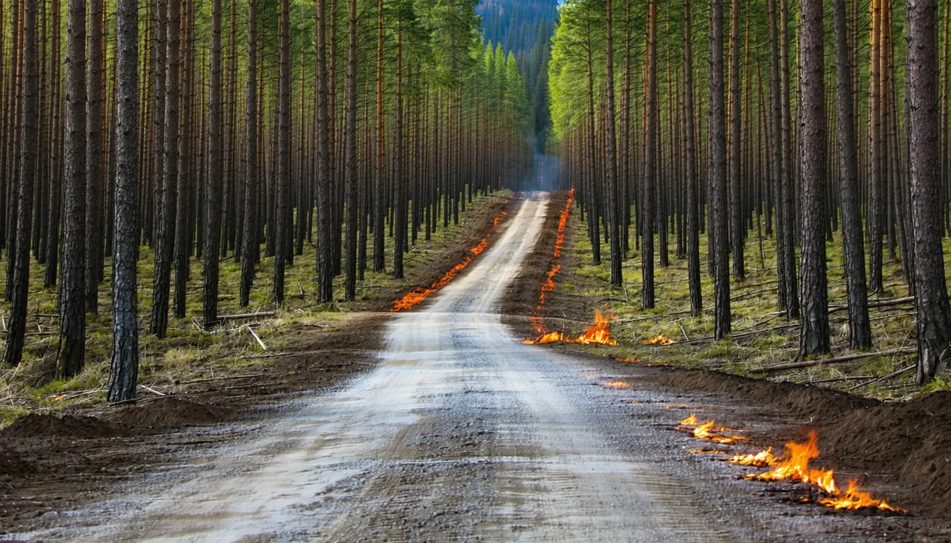 Illustration accompanying USDA files to rescind the Roadless Rule, and its fire rationale runs against the ignition data