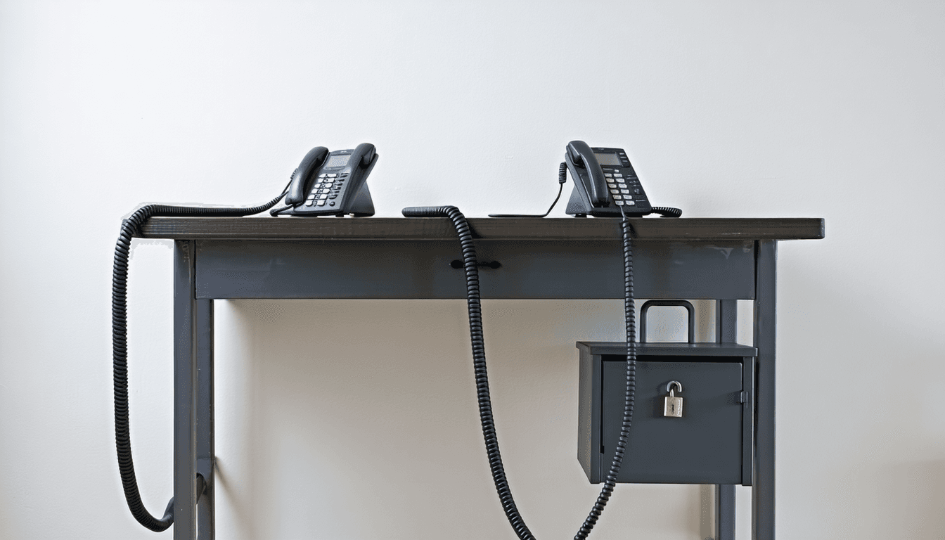 Illustration: A grey steel office desk seen from floor level. Two identical plain black telephone handsets sit on top, one at each far end, cradles unmarked and dial-less. Their coiled cords drop over the desk edge and, in the shadow beneath, twist together into a single braided line that runs into one squat locked steel strongbox on the carpet tile. No other furniture; a bare wall behind, one dark outlet