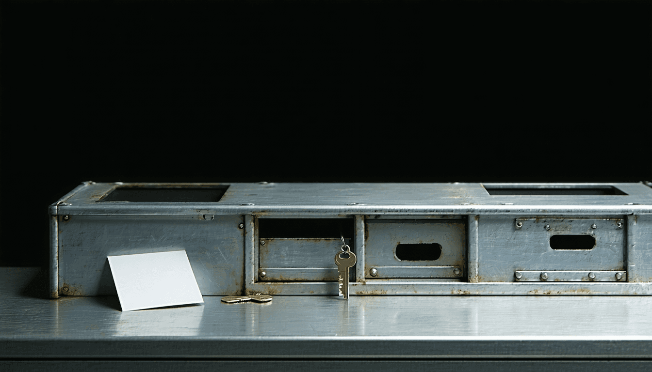 Illustration: A metal compliance counter of the kind found at a customs desk: on the near side a narrow drop slot sized for a single flat paper slip, one such slip lying unused beside it. Bolted into the counter next to the slot is a keyway cylinder, and a small hardware wallet has been turned into it like a key, its short cable vanishing under the steel. Behind the counter's window, three shallow trays that