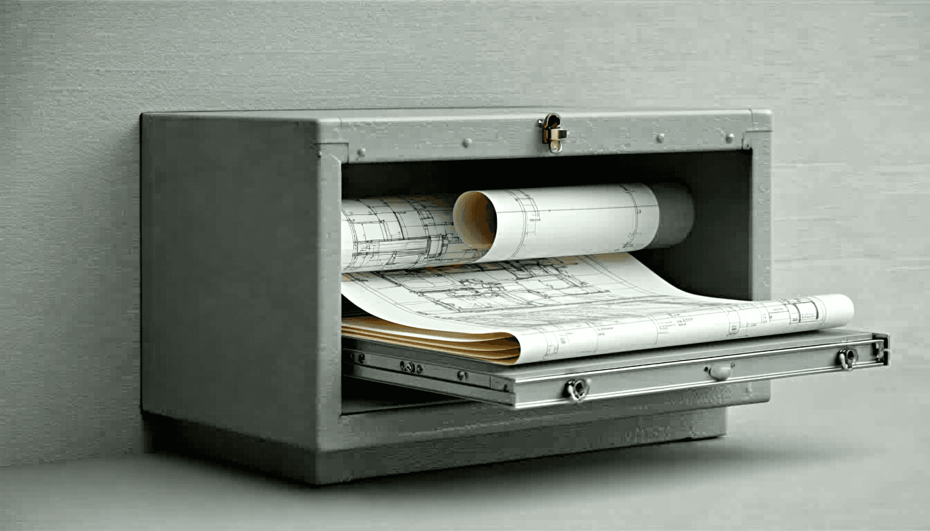 Illustration: A steel engineering plan chest holding rolled mylar drawings, one wide shallow drawer slid open to show faint unlettered linework of a machined bracket. A slim grey conduit, finished in exactly the same enamel as the cabinet so it looks factory-fitted, is spliced into the drawer's back wall and runs off to a plain wire out-tray where two rolls already lie. The cabinet's hasp and padlock hang