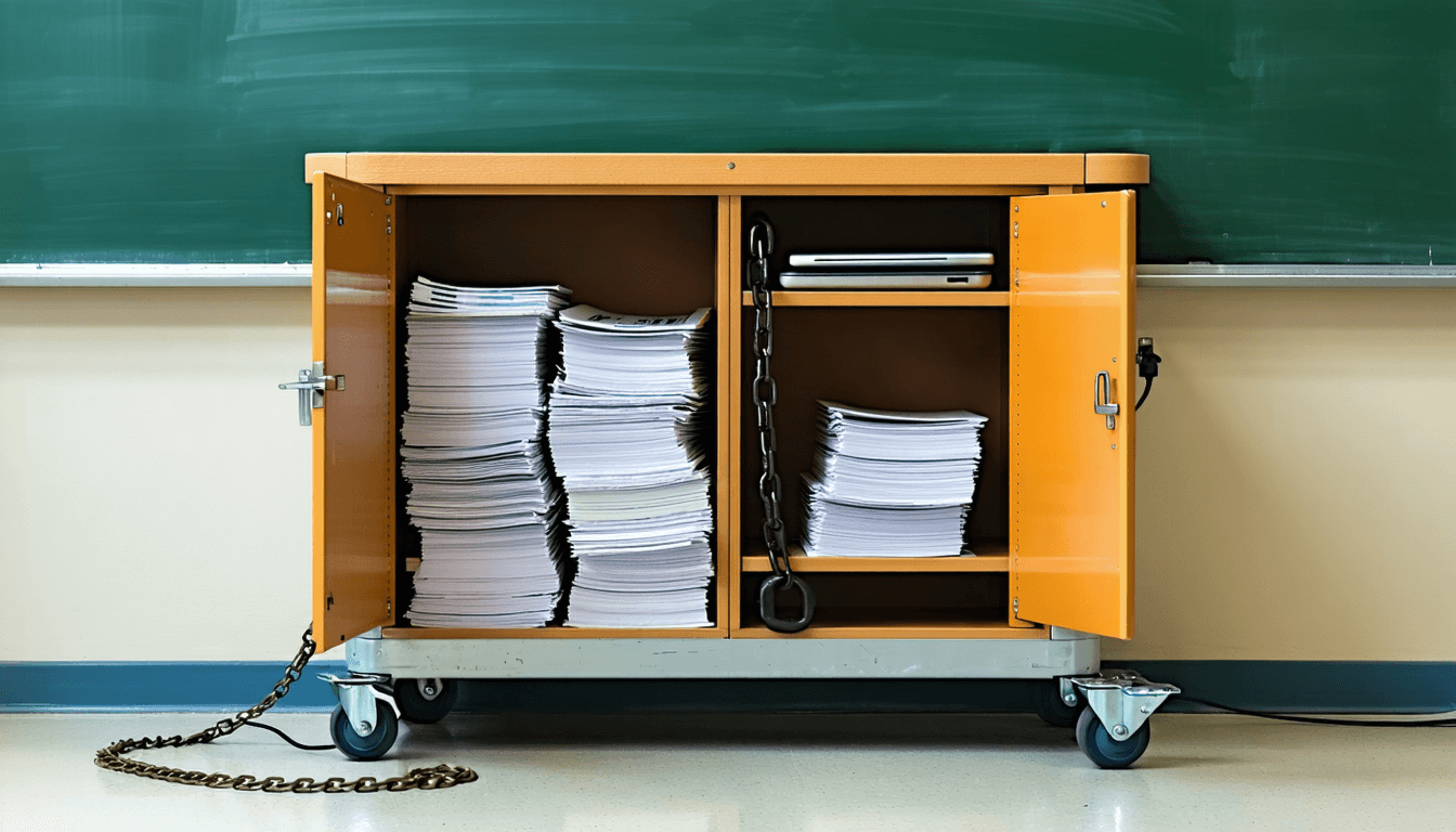 Illustration accompanying Schools swapped AI bans for supervised failure, and the cost moved to teacher training