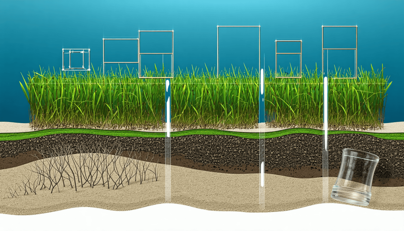 Illustration accompanying Indonesia's seagrass, scored: 21 meadows, 0.39 to 0.88, and no carbon in the index