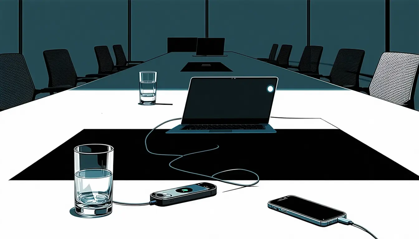 Illustration accompanying Plaud's charging case will sit on the table and upload the meeting by itself