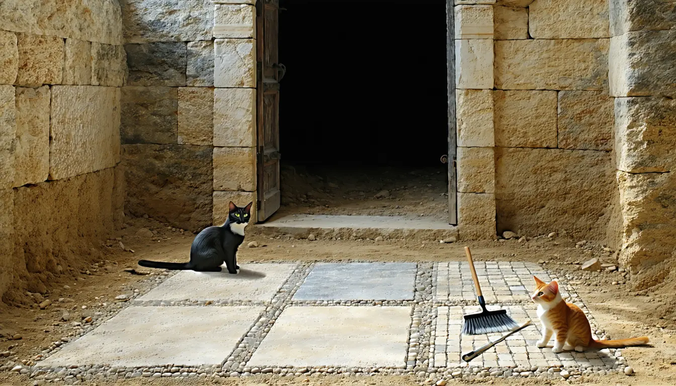 Illustration accompanying Greek labels on an Adramytteion villa floor identify a cat as Emerald and a dog as Ocean