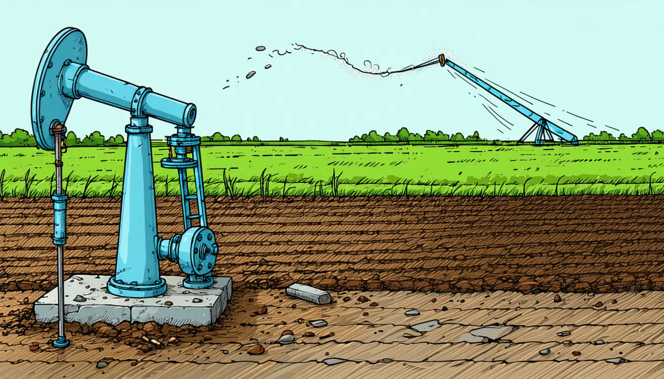 Illustration accompanying A PNAS study weighs irrigation's pumping emissions against 6.86 gigatons of avoided land clearing