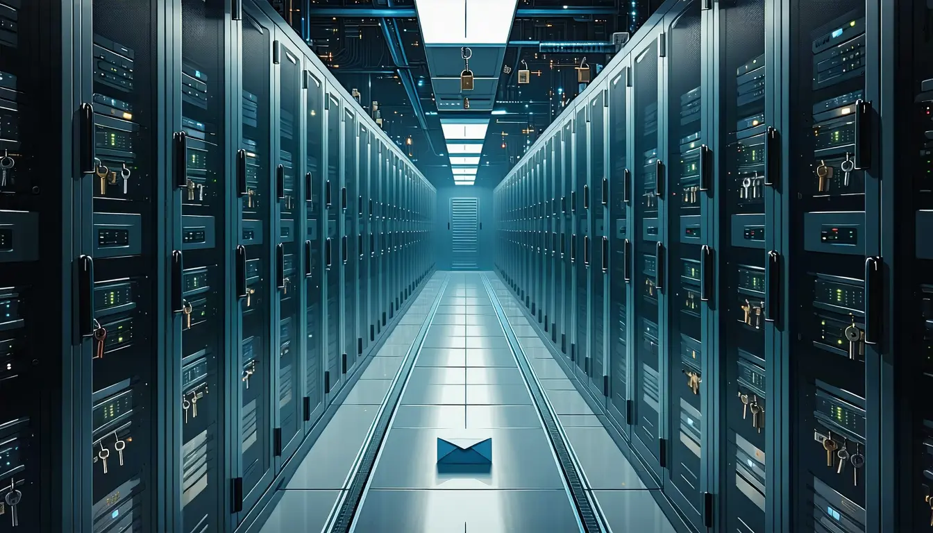 Illustration: A dim server aisle of identical hinged cabinet doors, each with a small hasp and padlock. A motorised rail carriage glides along the aisle floor carrying a splayed fan of dozens of identical blank keys, testing latches as it passes. One cabinet door hangs open on its hinge; inside, alone on the empty shelf, sits a plain sealed envelope. Further down the aisle, a service intake hatch is shuttered
