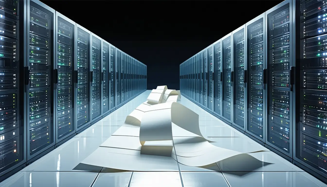 Illustration: A cold aisle between server racks. A long ribbon of blank perforated fanfold paper, tractor-feed holes at its edges, unspools from a floor-level cable tray and runs down the aisle, past closed cabinet doors, ending exactly at one rack whose mesh door hangs open — inside, a single blade server is pulled halfway out on its rails, its fans still lit by the aisle's cool light, cabling drooping loose.