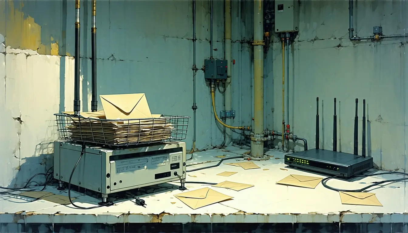 Illustration: A product-support workbench in a hardware maker's plant: an open wire mail tray piled with plain unmarked envelopes, a stripped-down consumer router with its lid off and antenna leads loose beside it. From the tray's edge a pneumatic delivery tube rises and then stops dead — a clamped, unfinished stub of pipe in mid-air — while the receiving wall port it should reach stays capped a metre further