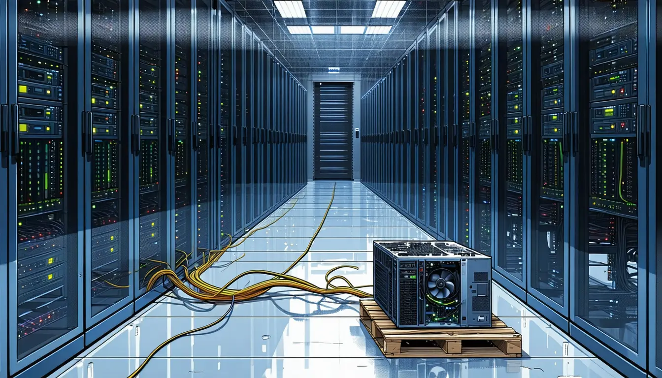 Illustration: A data-hall aisle. One mid-height rack bay is stripped bare — rails, blank slot, dust shadow where a sealed appliance sat — behind a steel mesh cage door swung open, its padlock still hanging closed on the frame. The fiber trunk that fed the bay has been unclipped, drooping in a long loop down to the floor, where it plugs into an open-topped GPU chassis on a wooden shipping pallet: accelerator