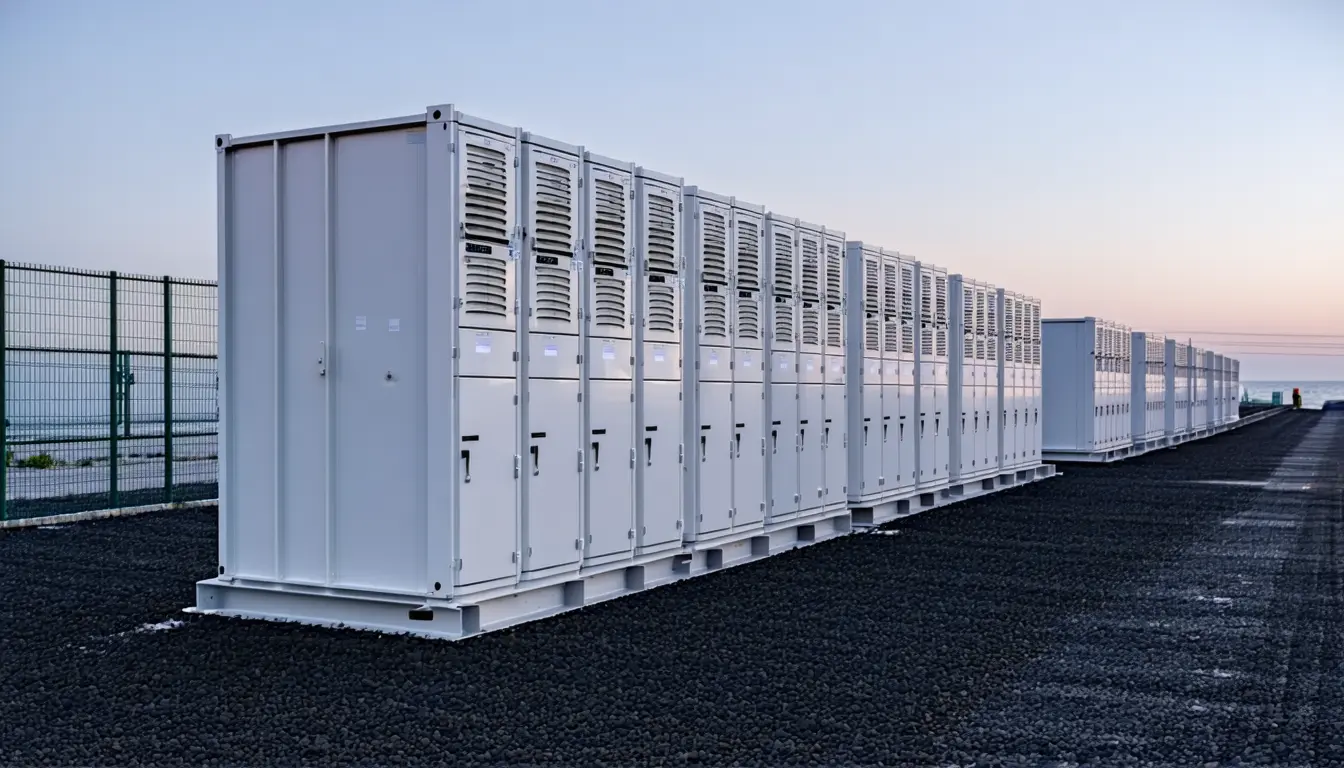 Illustration: A fenced battery-storage yard on a graded coastal pad at dusk. Along one concrete strip stand rows of tall white battery enclosures with louvered vents and conduit stubs; the second half of the same strip has just been filled with an added bank, packed tighter, still bright and unweathered. Every cable tray from both banks funnels into a single transformer and switchgear skid at the pad's end.