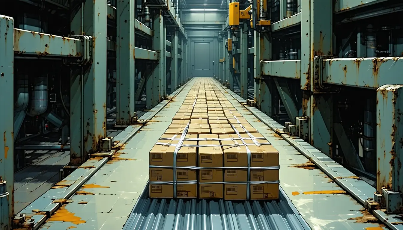 Illustration: A worn steel parcel conveyor in a dispatch room, running under a single spring-loaded mechanical counting arm — the kind that clicks once per item passing. Approaching the arm is one shrink-wrapped brick of dozens of identical small cardboard packages, strapped tight into a single block. Already past the arm, further down the belt, lies one lone thin envelope. Rollers, dust, cable trunking on the