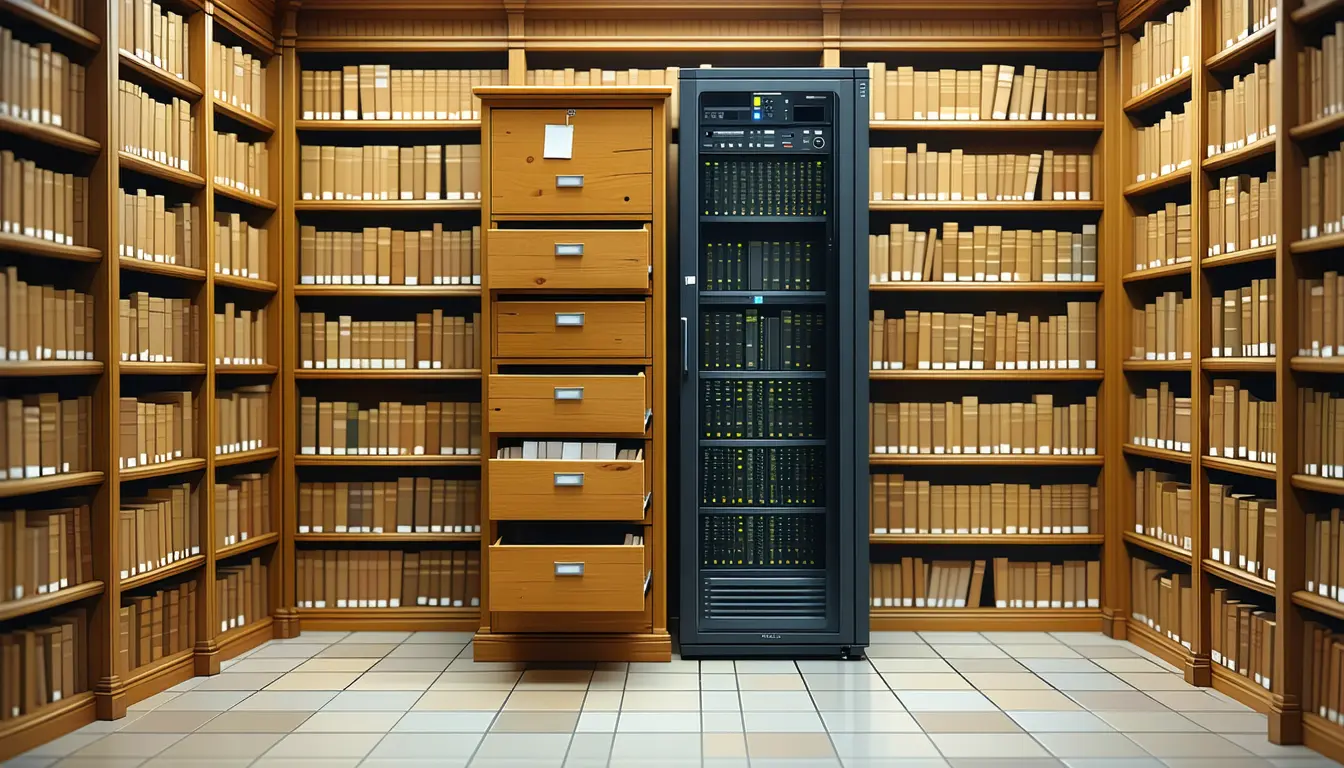 Illustration: A law library aisle: a tall oak card-catalogue cabinet stands bolted flush against a short open server rack, blank-spined bound casebooks filling the shelving on both sides. Two catalogue drawers hang open with index cards fanned upright. A thick fibre bundle runs from the cabinet's back into the rack's patch panel, then splits into two further cables that snake away down the aisle floor and out
