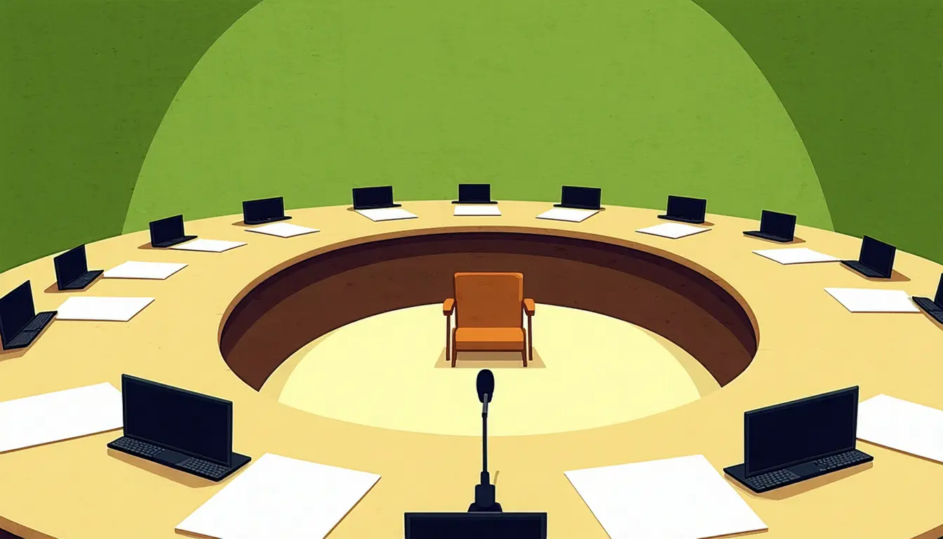 Illustration: A standards-committee room: a horseshoe conference table with a gooseneck microphone and blank tented card at every place. In each seat, instead of a chair, sits a rack-mounted server unit — vented faceplates, fan grilles, coiled fiber tails trailing to the floor. A closed ring binder of unmarked specification pages lies before each unit. At the head of the table, one plain wooden chair stands