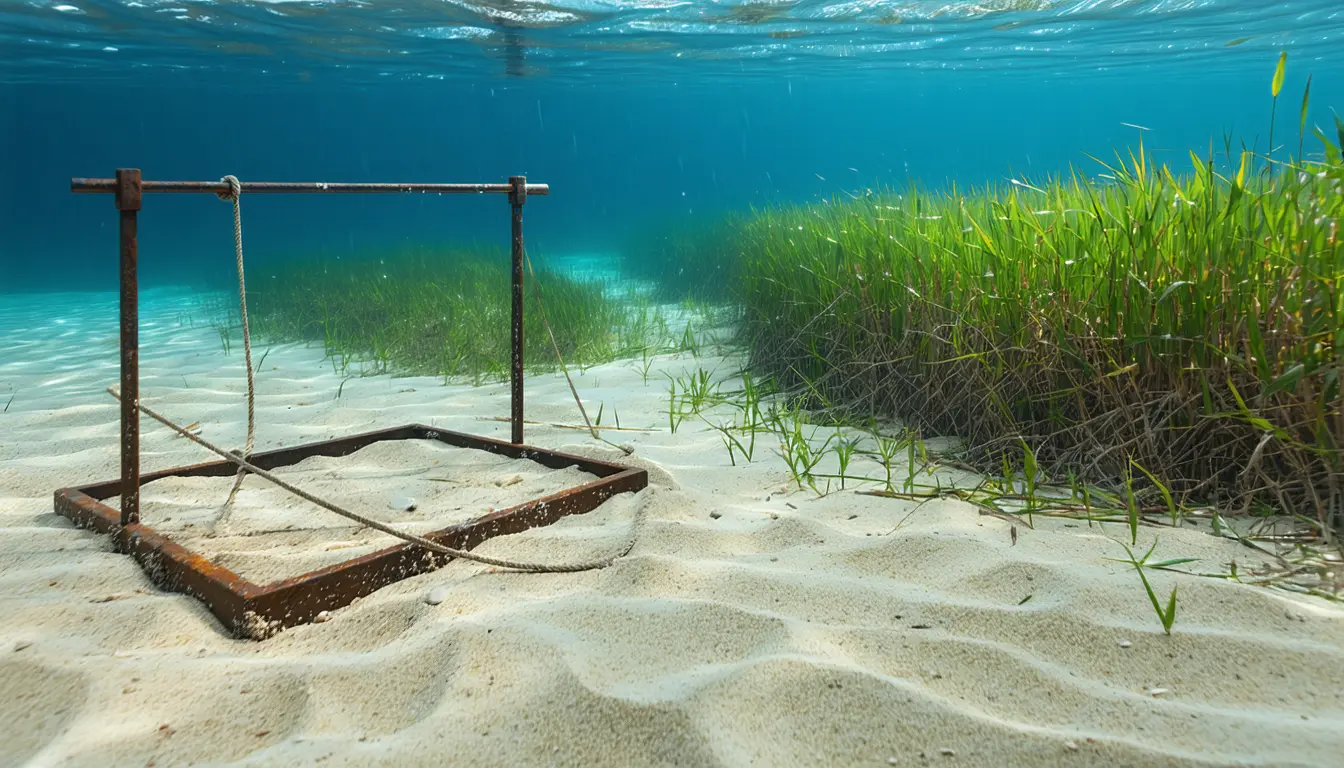 Illustration: A square metal marine survey quadrat frame resting on a shallow sandy seabed, dropped exactly across a boundary. Inside its left half: bare storm-scoured sand, snapped native seagrass rhizomes, scattered rubble and broken shell. Inside its right half: a dense unbroken turf of a single blade-shaped seagrass, taller and uniform, its edge pressing at the frame's bar. A plain unmarked weighted rope