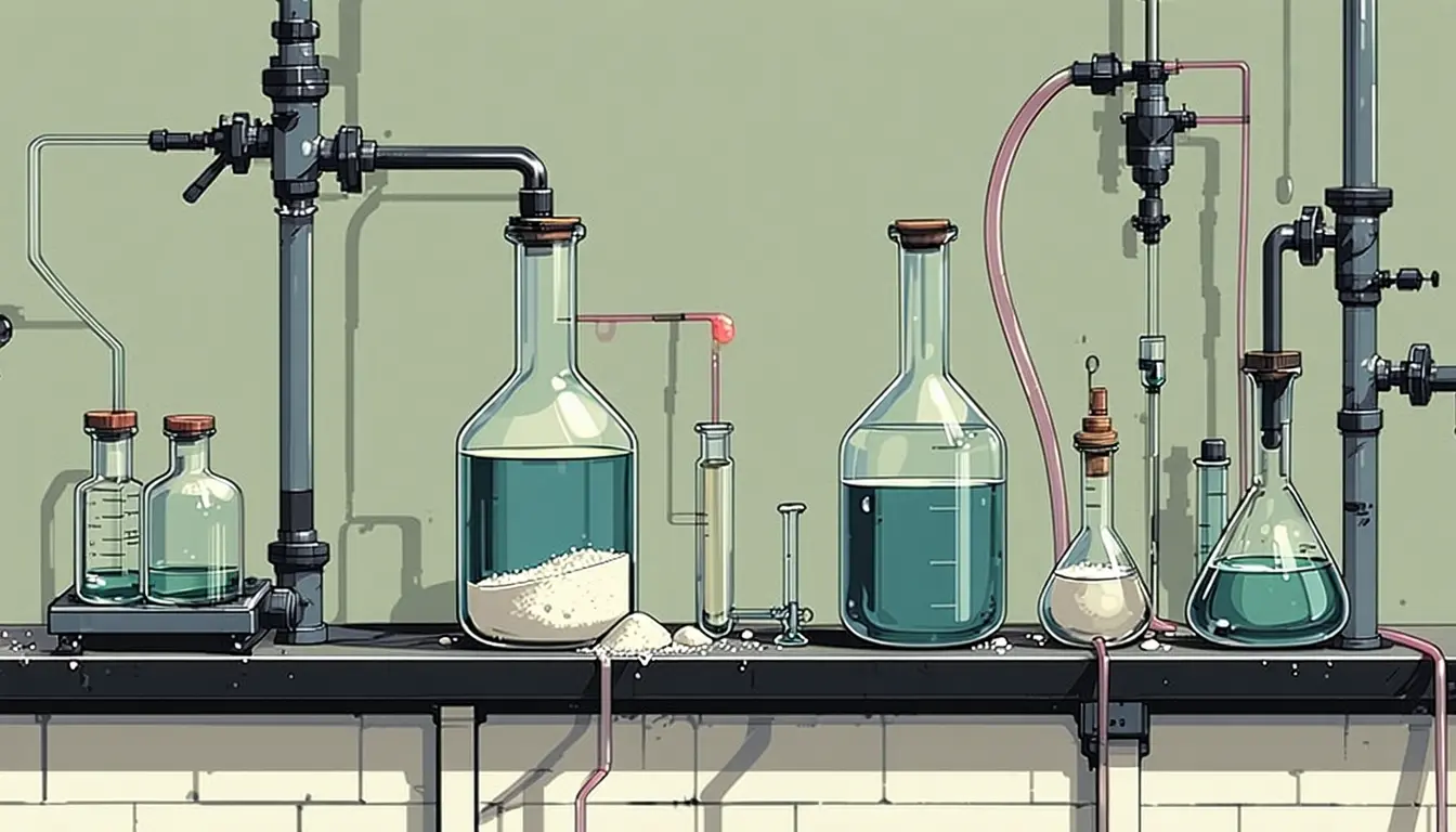 Illustration: A cluttered fermentation bench: two silicone feed lines run into a stoppered culture flask on a stir plate. One line's glass stopcock is turned to SHUT, yet a small clamp-stand arm has been screwed down across its handle, jamming the passage open. The other line, coming from a jar of coarse crystalline sugar, flows freely. Inside the flask the broth is opaque and creamy, thick oil droplets